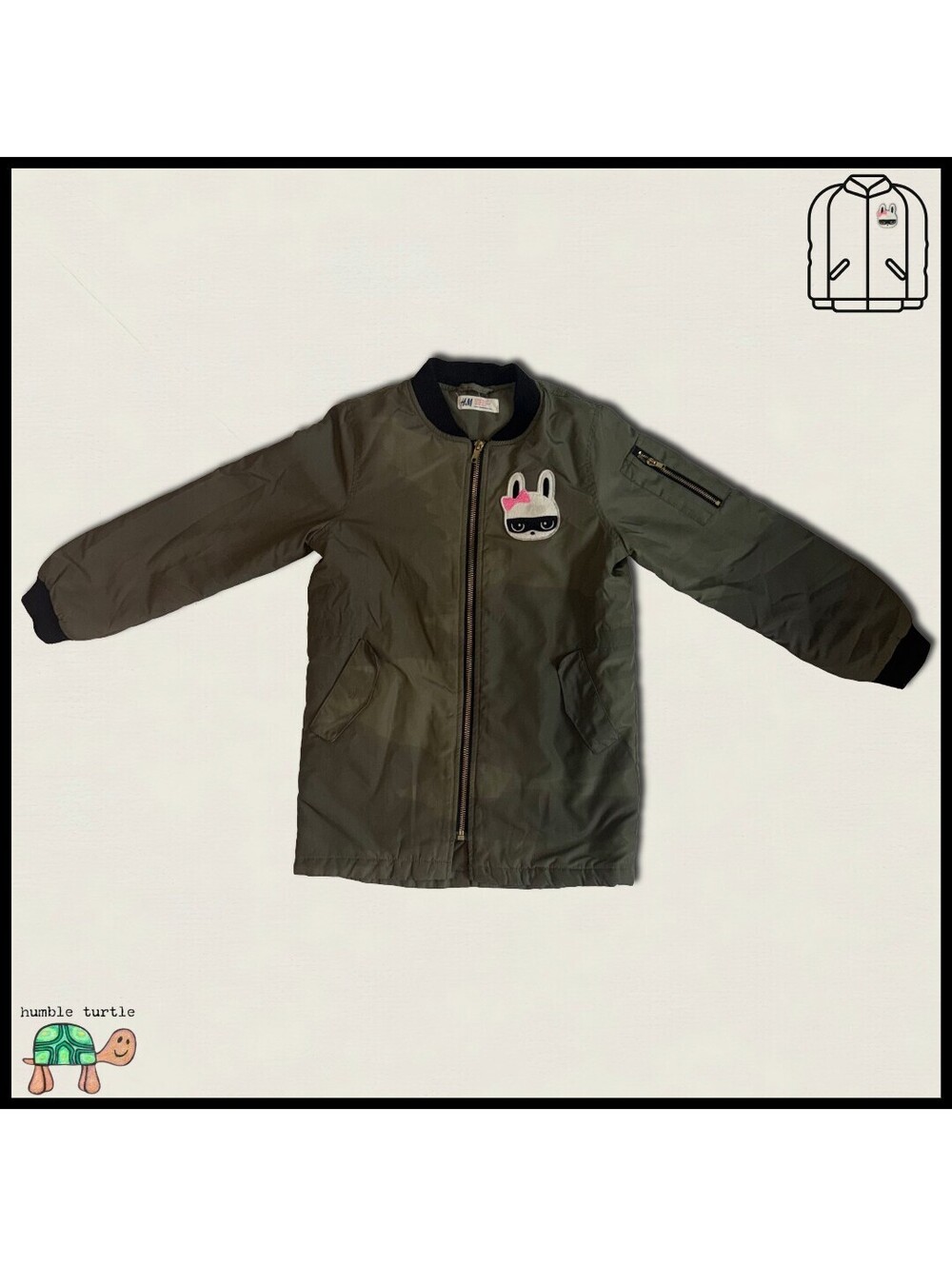 H&M Olive Green Long Bomber Jacket with Bunny Patch | Size 7/8